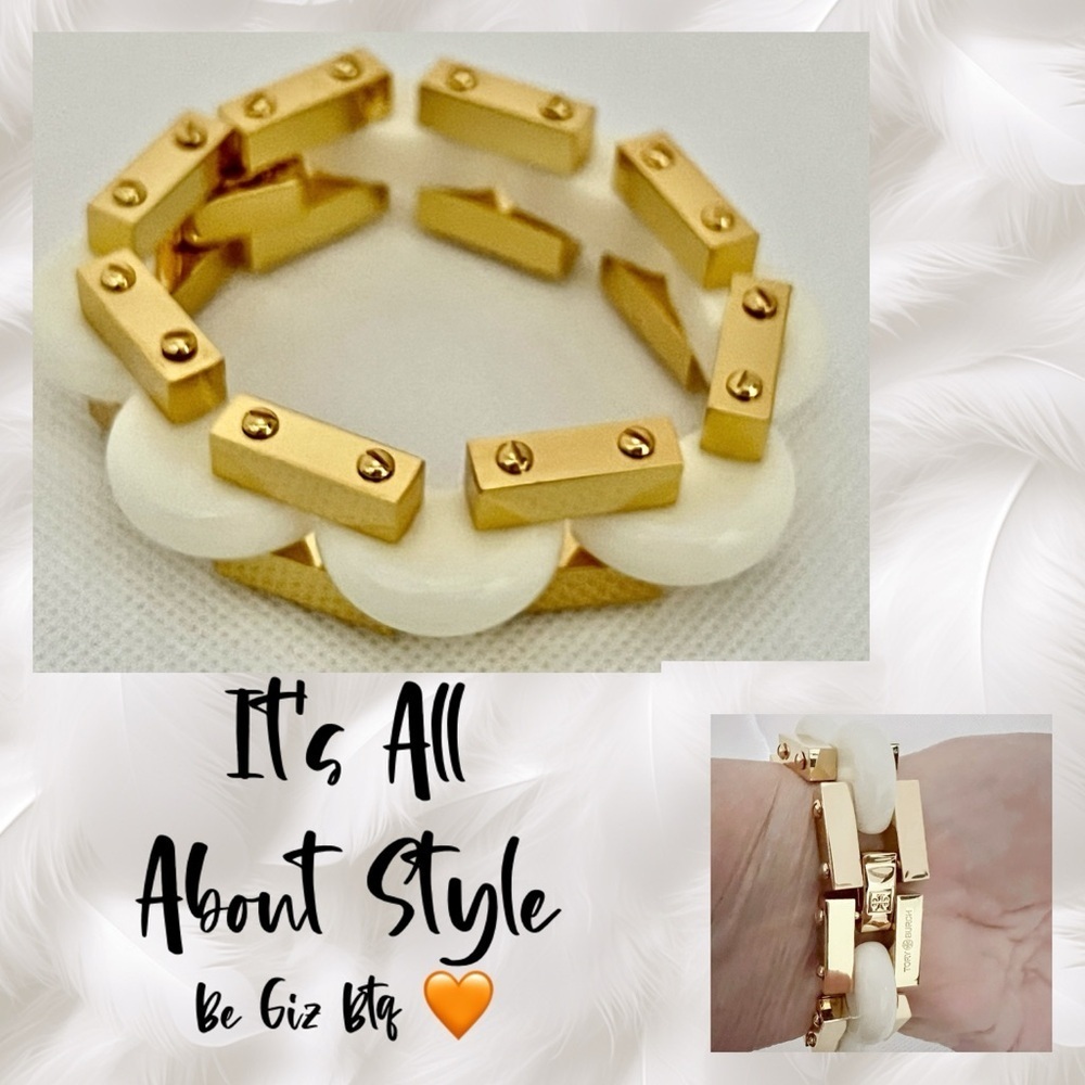 🔥🔥Tory Burch Authentic Chunky Polished Gold Chain Bracelet & Ivory Enamel Inlays
